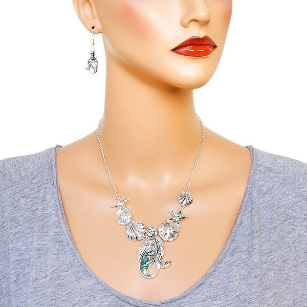 Abalone Shell Necklace SET Mermaid Statement Cluster Beach Ocean Sea SILVER - PalmTreeSky