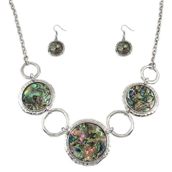 Abalone Shell Necklace SET Circle Disc Ring Chain Link Statement Beach SILVER - PalmTreeSky