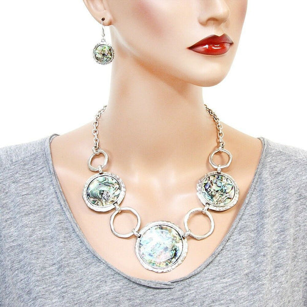 Abalone Shell Necklace SET Circle Disc Ring Chain Link Statement Beach SILVER - PalmTreeSky