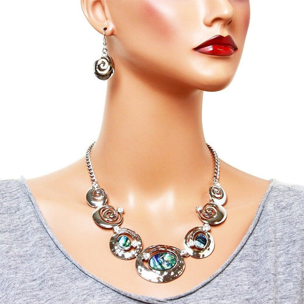 Abalone Shell Necklace SET Metal Swirl Statement Cluster Beach Starfish SILVER - PalmTreeSky