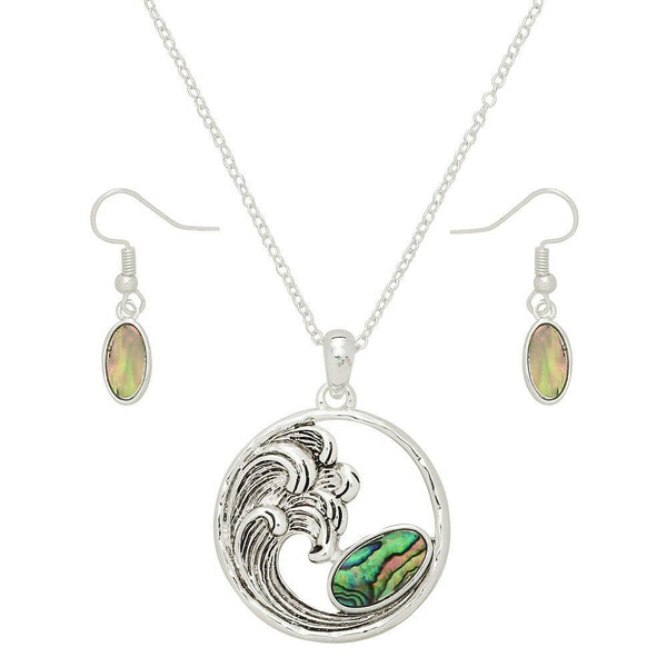 Abalone Shell Necklace SET Metal Wave Pendant Charm Beach Ocean Surfer SILVER - PalmTreeSky