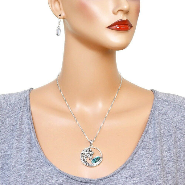 Abalone Shell Necklace SET Metal Wave Pendant Charm Beach Ocean Surfer SILVER - PalmTreeSky
