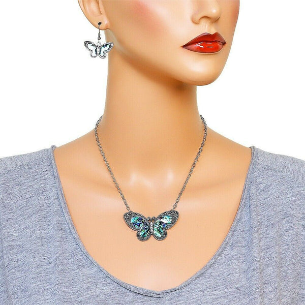 Abalone Shell Necklace SET Metal Butterfly Pendant Charm Beach Marcasite SILVER - PalmTreeSky