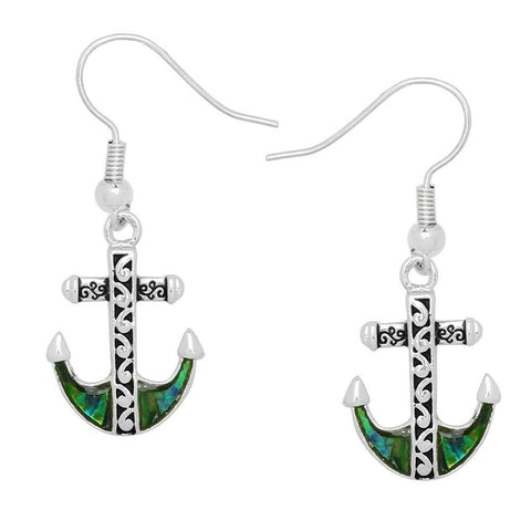 Abalone Shell Earrings Swirl Metal SILVER Drop Anchor Nautical Sea Life Jewelry - PalmTreeSky
