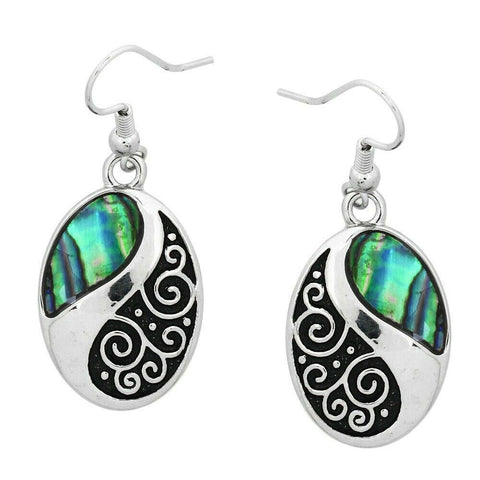 Abalone Shell Earrings Drop Dangle Beach Sea Life Nautical Swirl Oval SILVER - PalmTreeSky