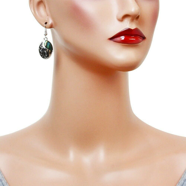 Abalone Shell Earrings Drop Dangle Beach Sea Life Nautical Swirl Oval SILVER - PalmTreeSky