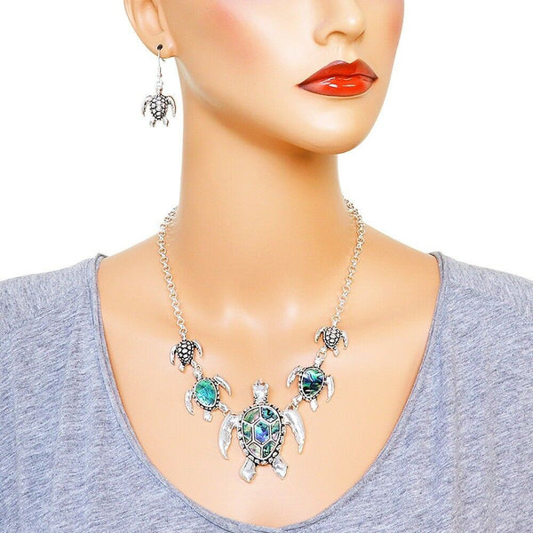 Abalone Shell Necklace SET Sea Turtle Statement Cluster Beach Ocean SILVER - PalmTreeSky