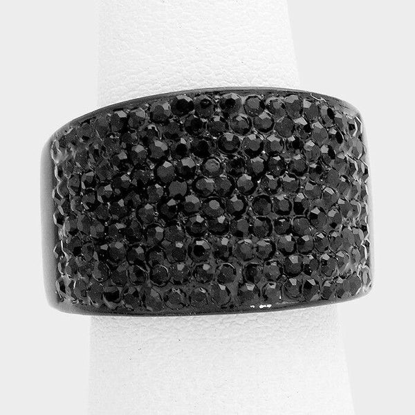 Cocktail Ring Large Wide Cluster Pave Rhinestone Stretch Band Crystal Black - PalmTreeSky