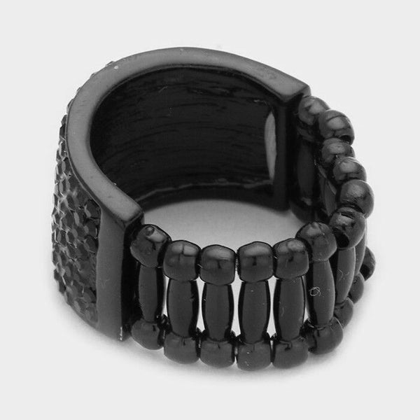 Cocktail Ring Large Wide Cluster Pave Rhinestone Stretch Band Crystal Black - PalmTreeSky