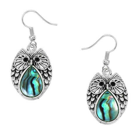Owl Earrings Abalone Shell Filigree Metal Charm Pendant Wise Luck Fall SILVER - PalmTreeSky
