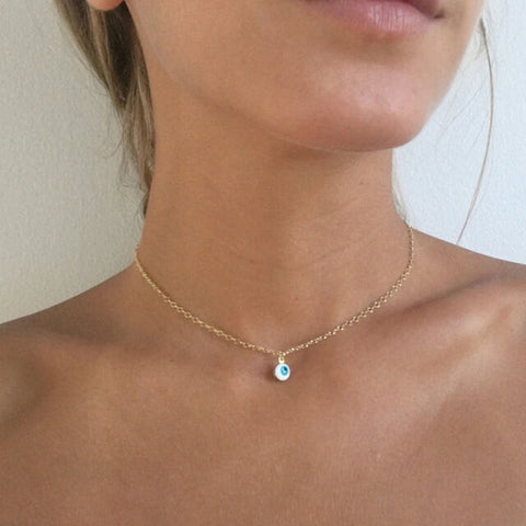 Evil Eye Necklace Choker Thin Chain Simple Delicate Dainty Charm Hamsa Gold Red - PalmTreeSky