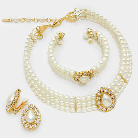 Pearl Necklace Bracelet Set Clip On Earrings Teardrop Pendant Choker CREAM GOLD - PalmTreeSky