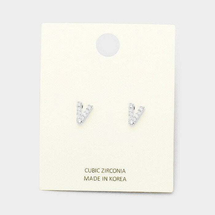 Initial Earrings Monogram Letter V Stud Post Cubic Zirconia Tiny Small SILVER - PalmTreeSky