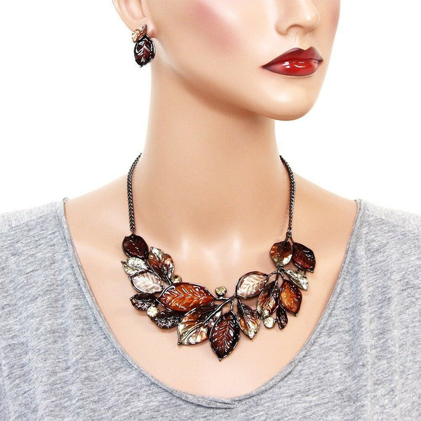 Leaf Necklace Set Chunky Pendant Statement Floral Ivy Rhinestone Painted BROWN - PalmTreeSky