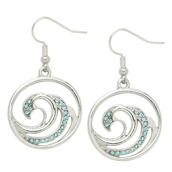 Wave Earrings Swirl Circle Pave Rhinestone Triple Lined SILVER TURQ Ocean Surfer - PalmTreeSky