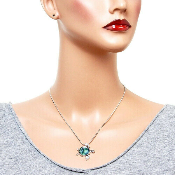 Turtle Necklace Rhinestone Crystal Swim Sea Life Beach Sand SILVER ABALONE SHELL - PalmTreeSky
