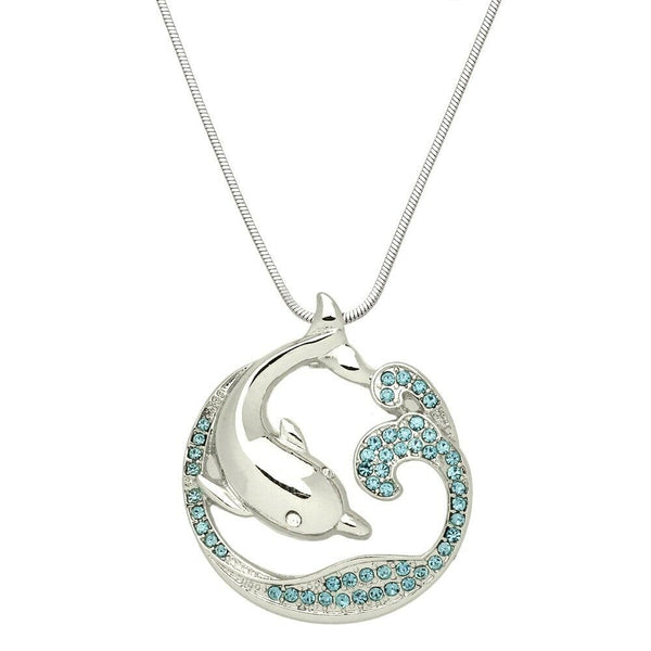 Wave Necklace Dolphin Swirl Pave Rhinestone SILVER TURQ Ocean Beach Surfer Sun - PalmTreeSky