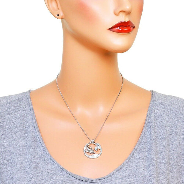 Wave Necklace Dolphin Swirl Pave Rhinestone SILVER TURQ Ocean Beach Surfer Sun - PalmTreeSky