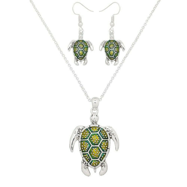 Turtle Necklace Earrings SET Sea Life Shell Sand Star Jewelry BLUE GREEN SILVER - PalmTreeSky