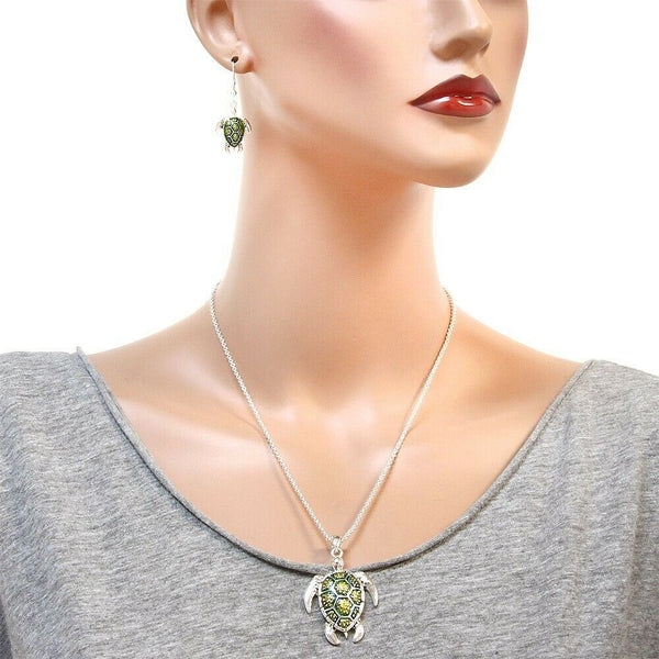 Turtle Necklace Earrings SET Sea Life Shell Sand Star Jewelry BLUE GREEN SILVER - PalmTreeSky