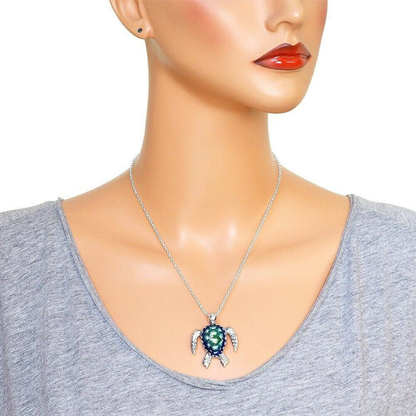 Turtle Necklace Charm Pendant Sea Life Sand Swim Beach Surfer Animal SILVER BLUE - PalmTreeSky