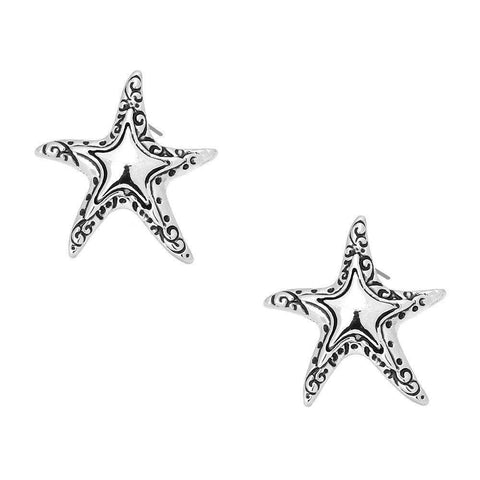Starfish Earrings Stud Post Textured Metal Starfish Beach Sea Jewelry SILVER - PalmTreeSky