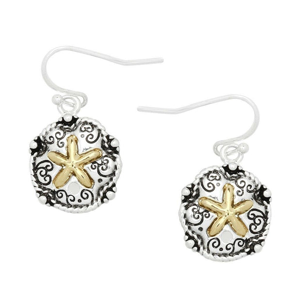 Starfish Earrings Sand Dollar Two Tone Drop Dangle Textured Metal SILVER SeaLife - PalmTreeSky