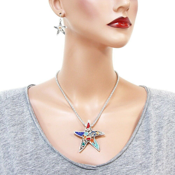 Starfish Necklace SET Beaded Pave Crystals Metal SILVER MULTI Beach Sea Life - PalmTreeSky