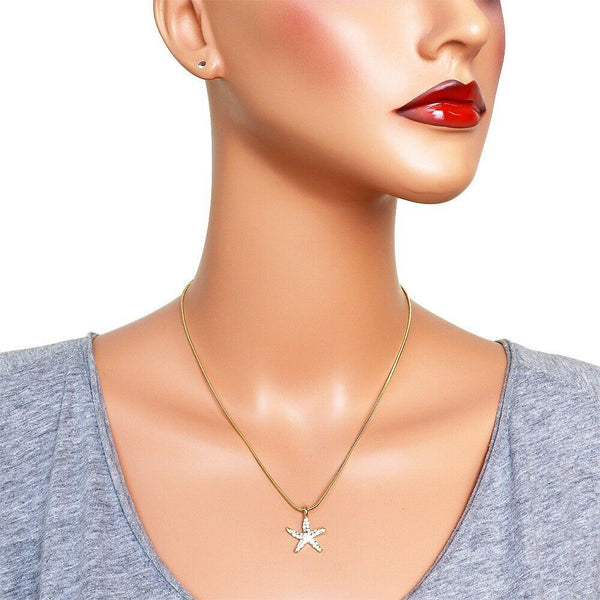 Starfish Necklace Small Pave Rhinestone Wave Ocean Sea Life Beach Jewelry GOLD - PalmTreeSky