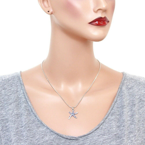 Starfish Necklace Pendant Sea Life Beach Surfer SILVER BLUE Rhinestone Jewelry - PalmTreeSky