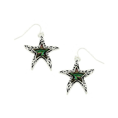 Starfish Earrings Abalone Shell Swirl Drop Dangle Textured Metal SILVER SeaLife - PalmTreeSky