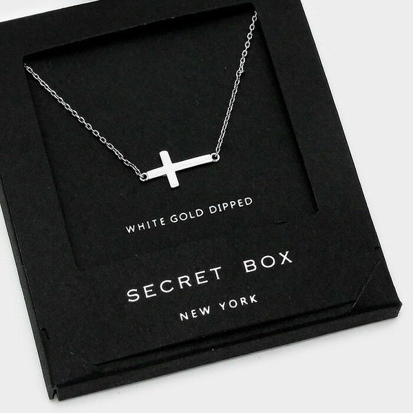 Side Cross Necklace Tiny Secret Box Gift WHITE GOLD DIPPED Delicate Small Faith - PalmTreeSky