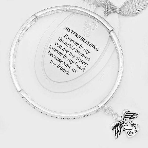 Sister Bracelet Sisters Blessing Friends Forever SILVER Message Stretch Bangle - PalmTreeSky