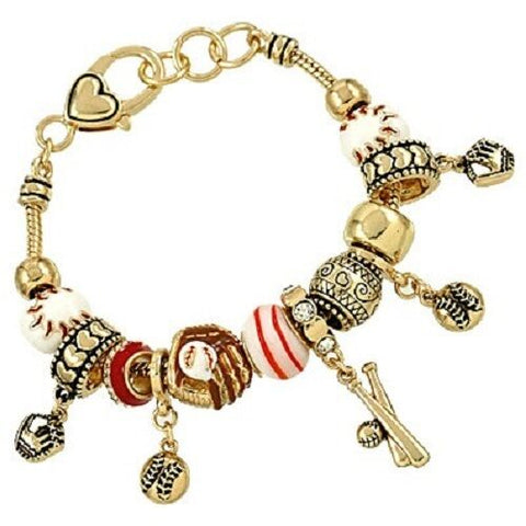 Softball Bracelet Sliding Beaded Charm Baseball Glove Bat Ball GOLD Team Sport - PalmTreeSky