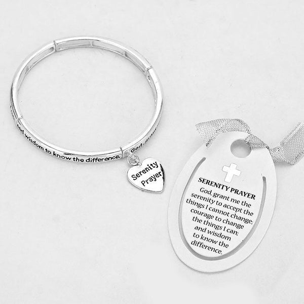 Serenity Prayer Bracelet Stretch SILVER Heart Charm Inspiration Message Jewelry - PalmTreeSky