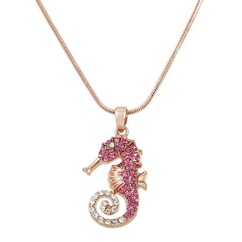 Seahorse Necklace Pave Rhinestone Crystals Pendant Charm Sea Horse ROSEGOLD PINK - PalmTreeSky