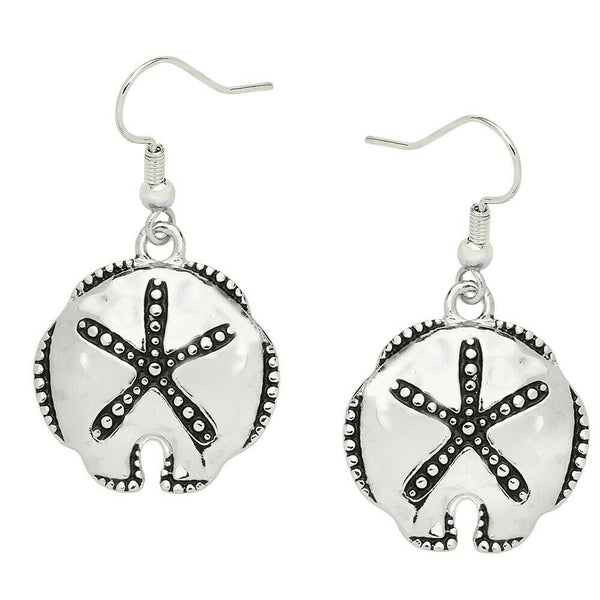 Sand Dollar Earrings Hook Dangle Sea Life Beach Starfish Dot Edge Surfer SILVER - PalmTreeSky