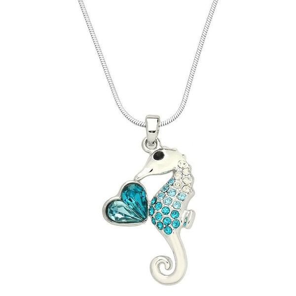 Sea Horse Necklace Rhinestone Crystal Heart Sea Life Beach SILVER TURQUOISE - PalmTreeSky