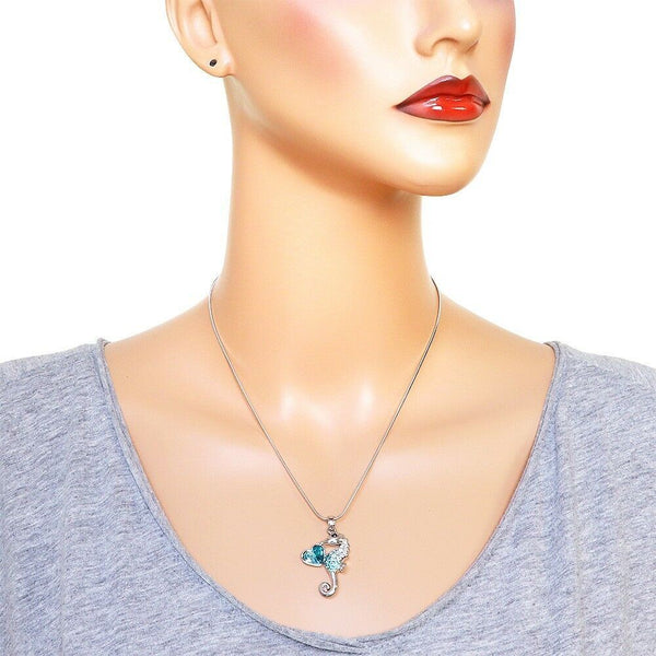 Sea Horse Necklace Rhinestone Crystal Heart Sea Life Beach SILVER TURQUOISE - PalmTreeSky