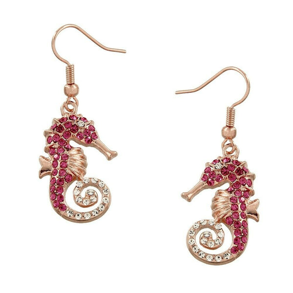 Sea Horse Earrings Pave Rhinestones Drop Dangle ROSE PINK Beach Surfer Jewelry - PalmTreeSky