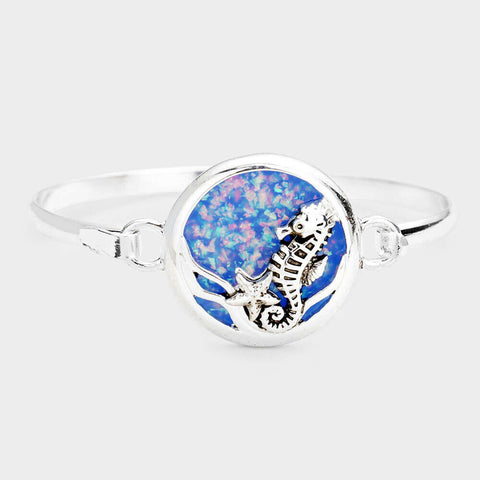 Sea Glass Bracelet Hook Bangle Sand Dollar Sea Horse Ocean Jewelry SILVER BLUE - PalmTreeSky