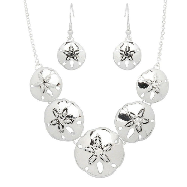 Sand Dollar Necklace SET Chain Link Charm Pendant Beach Ocean Sea Life SILVER - PalmTreeSky