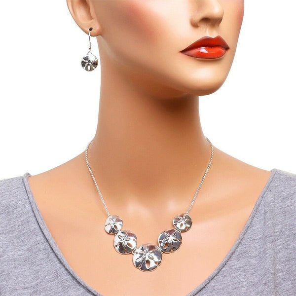 Sand Dollar Necklace SET Chain Link Charm Pendant Beach Ocean Sea Life SILVER - PalmTreeSky
