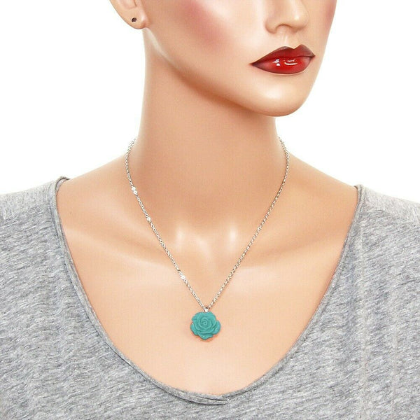 Rose Flower Necklace Pendant Charm Silver TURQ Love Gift Jewelry Acrylic Metal - PalmTreeSky