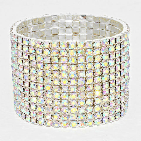 Rhinestone Bracelet 12 Row Wide Stretch Bangle Crystal Pave Wedding Bride SIL AB - PalmTreeSky