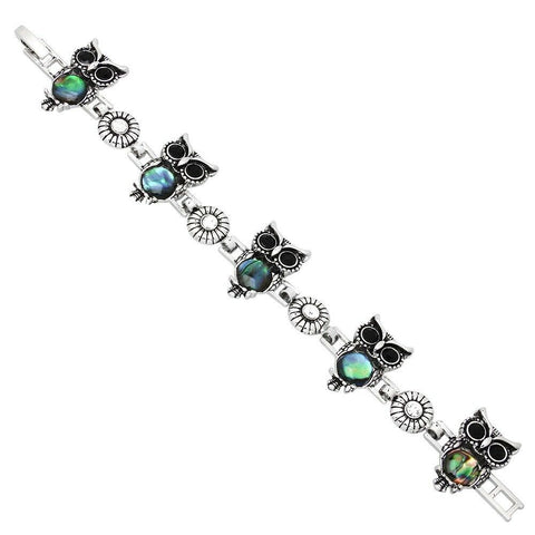Owl Bracelet Magnetic Clasp Chain Link Wisdom Eyes Metal SILVER Abalone Shell - PalmTreeSky
