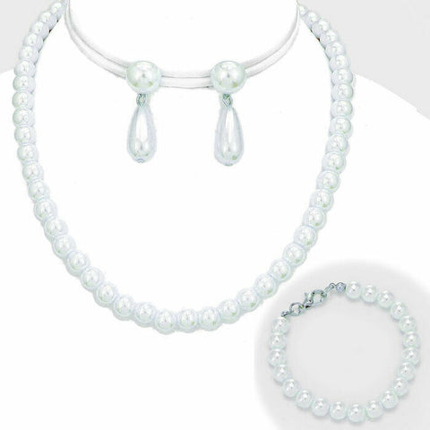 Pearl Necklace Bracelet Set Sud Post Earrings Teardrop Pendant Choker WHITE SLVR - PalmTreeSky