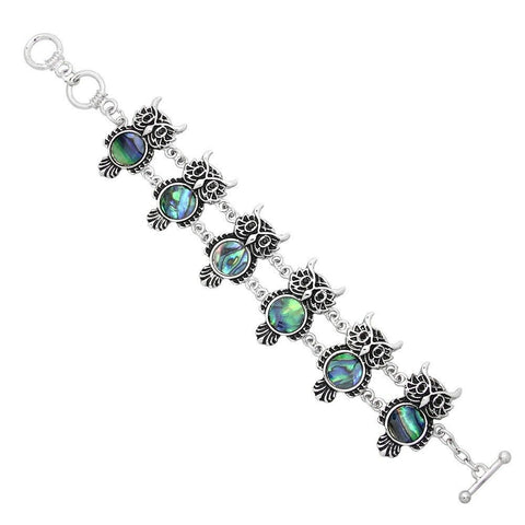 Owl Bracelet Toggle Chain Link Wisdom Eyes Pendant Metal SILVER Abalone Shell - PalmTreeSky