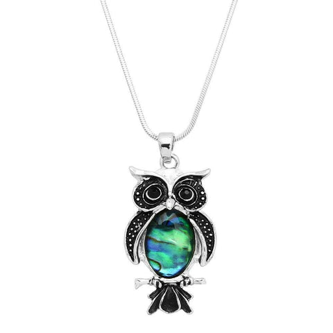Owl Necklace Pendant Wisdom Feather Wisdom Pendant Metal SILVER Abalone Shell - PalmTreeSky