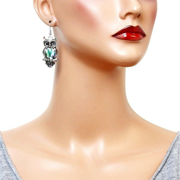 Owl Earrings Sea Life Abalone Shell Metal Drop Dangle SILVER Tree Leaf  Wisdom - PalmTreeSky